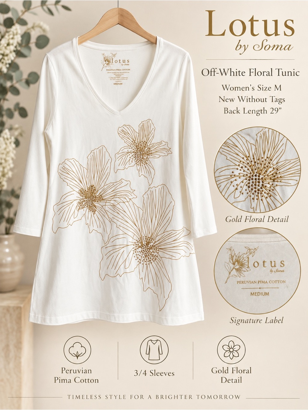 Lotus by Soma Off White Pima Cotton Floral Rhinestone Tunic Top M
